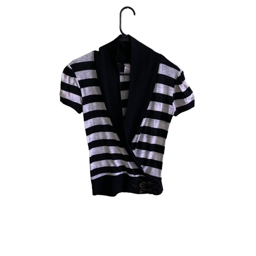 Discreet Black & White Short sleeves Wrap Cross Front Blouse Top | Size S